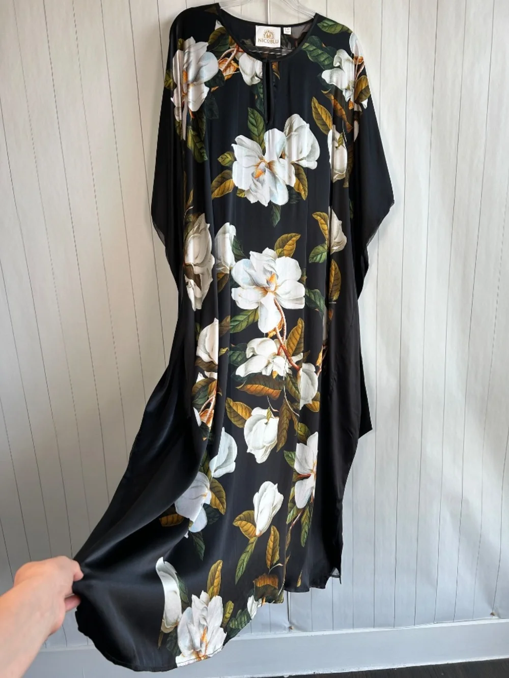 Nicoblu plus size 1X 2X 3X 4X Camellia belted kaftan maxi dress black 100% silk - Picture 5 of 14